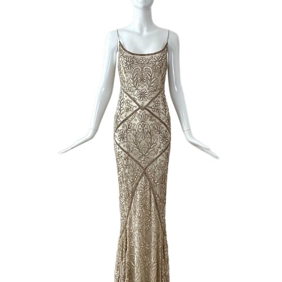 LES HABITUDES 90's couture silk hand beaded evening gown bridal wedding maxi - Picture 6 of 8